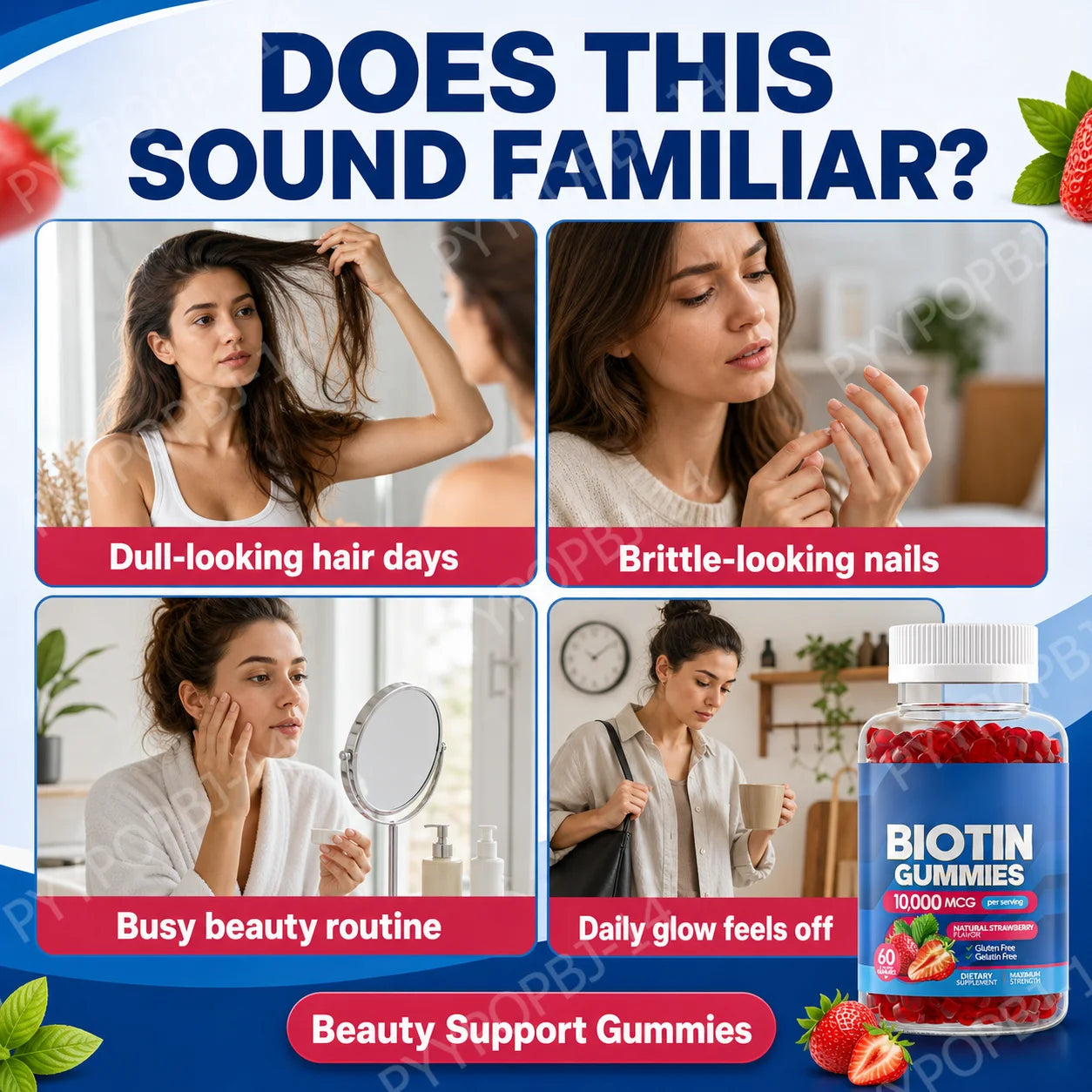 Biotin Gummies 10000 Mcg Hair Skin Nails Support, Vitamin B7 Beauty Supplement, Gluten Free Vegan Non-GMO Strawberry, 60 Gummies