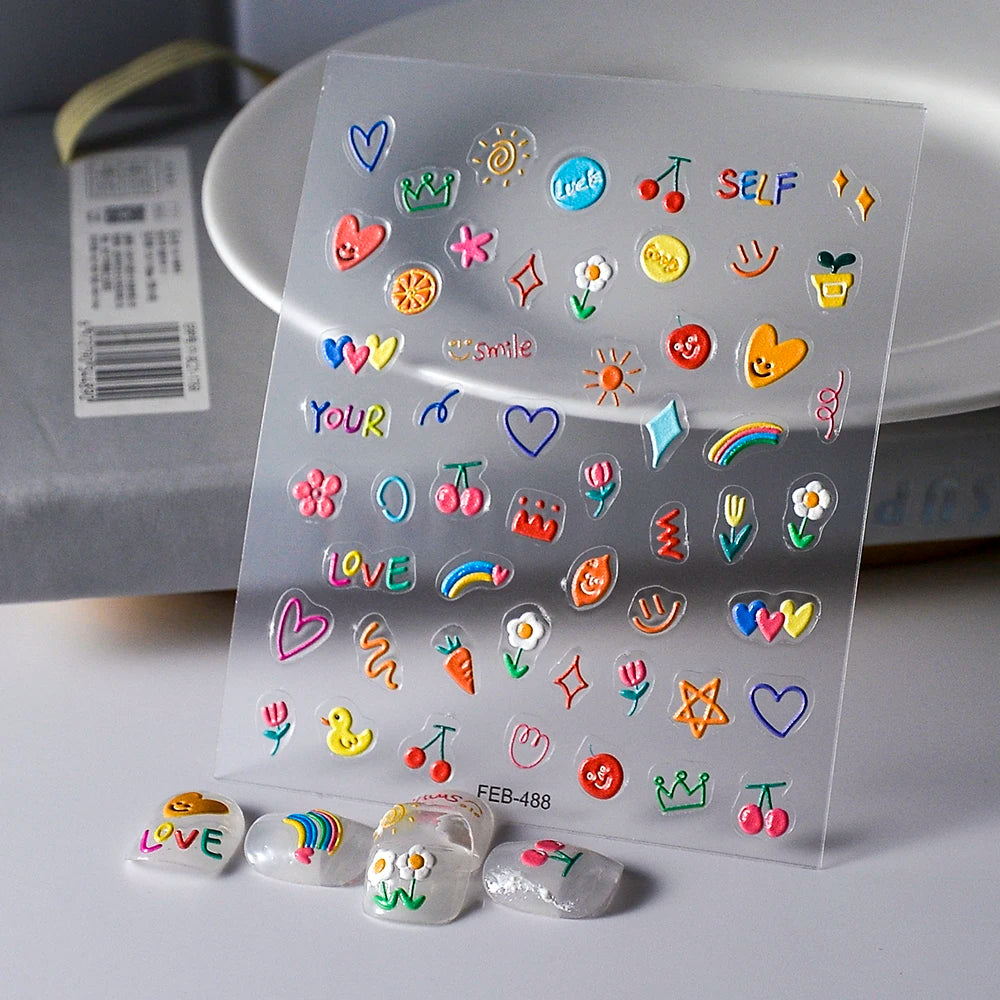 2023 Jelly Design Tulip Flowers Love Heart Color Lines 5d Embossed Reliefs Nail Art Stickers Lovely Manicure Nail Decals