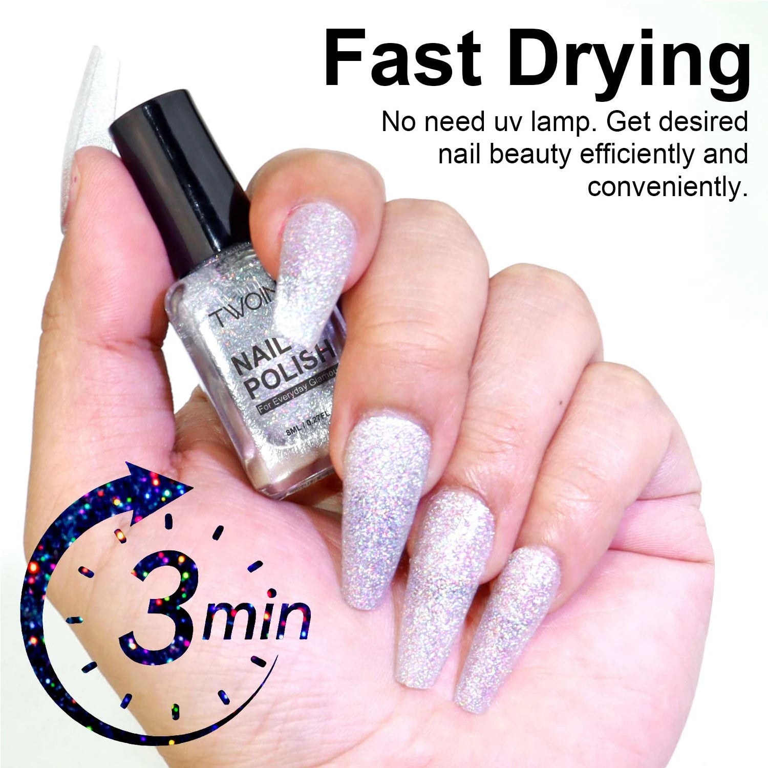 8ml Holographic Nail Polish,Silver Glitter Nail Polish Air Dry Fast,High Glossy Shiny Nail Pigment  ，Laser Iridescent Nail