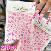2pcs 3D Hibiscus Flower Nail Stickers 3D Self-Adhesive White Pink Flower Nail Decals Tropical Leaves Summer Nail Art Decoration
