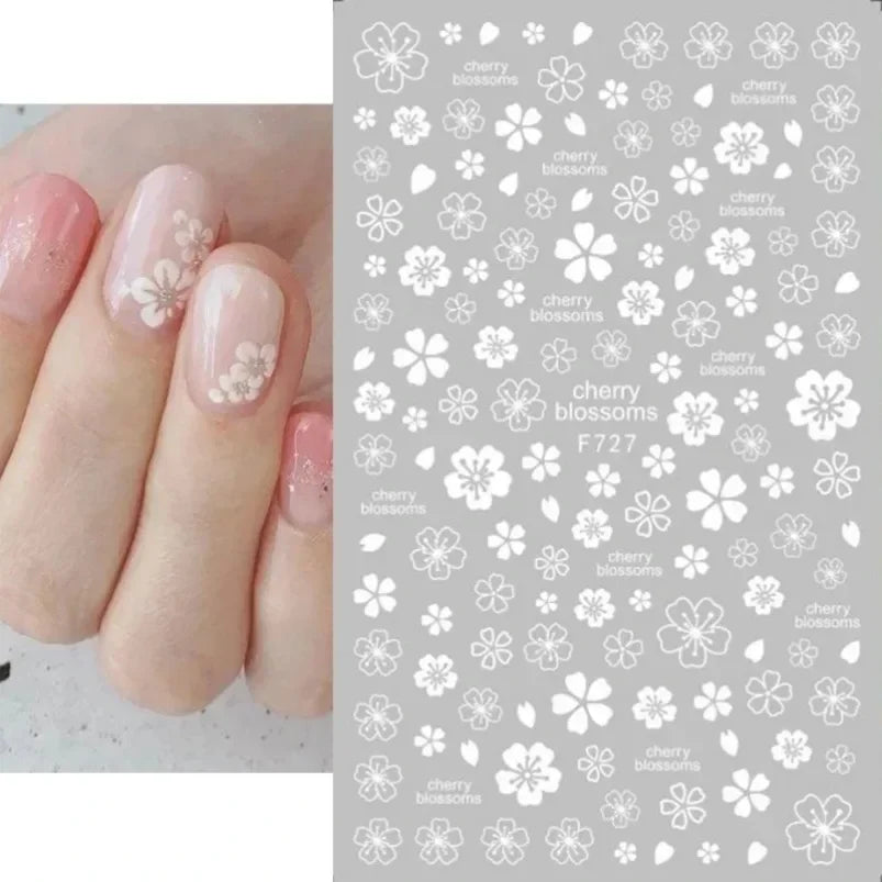 Cherry Blossom 3D Nail Stickers White Flower Petals Nail Art Decals Elegant Wedding Design Spring Sakura Manicure Slider Decor