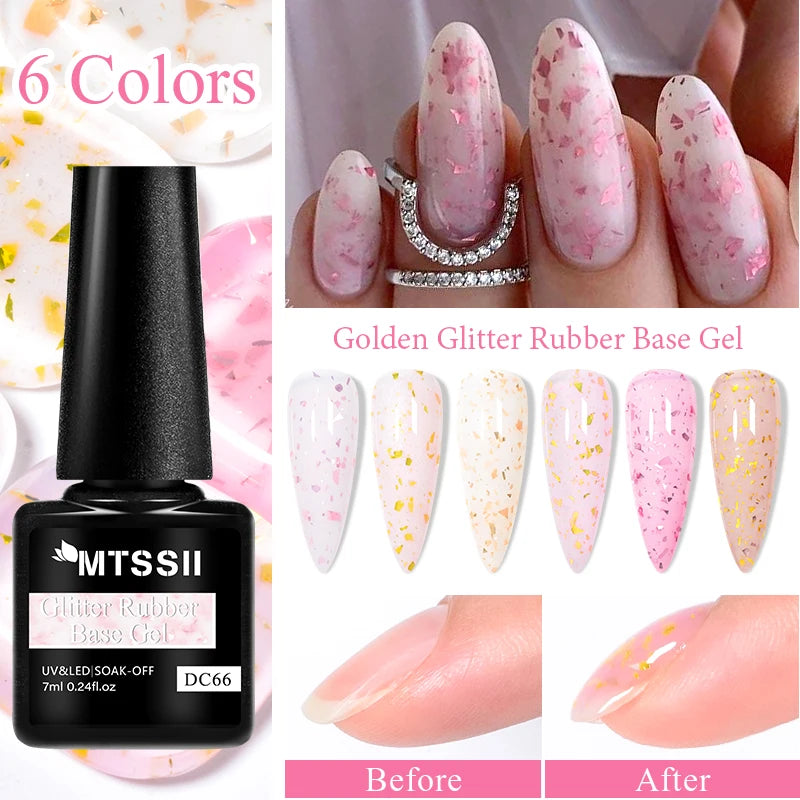 MTSSII 7ml Gold Foil Glitter Rubber Base Gel Self-leveling Semi Permanent Soak Off UV LED Gel Varnish For Nails Manicure