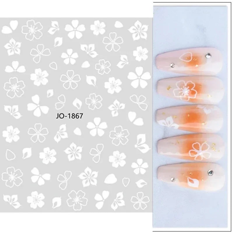 Cherry Blossom 3D Nail Stickers White Flower Petals Nail Art Decals Elegant Wedding Design Spring Sakura Manicure Slider Decor