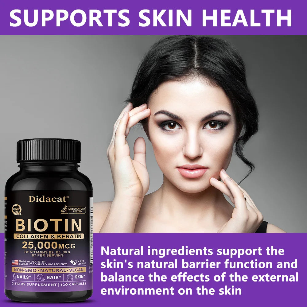 Biotin Vitamins with Collagen & Keratin - 25000 mcg Capsules,B1,B2,B3,B6,B7 Complex,Healthy Nails & Skin,Hair Growth