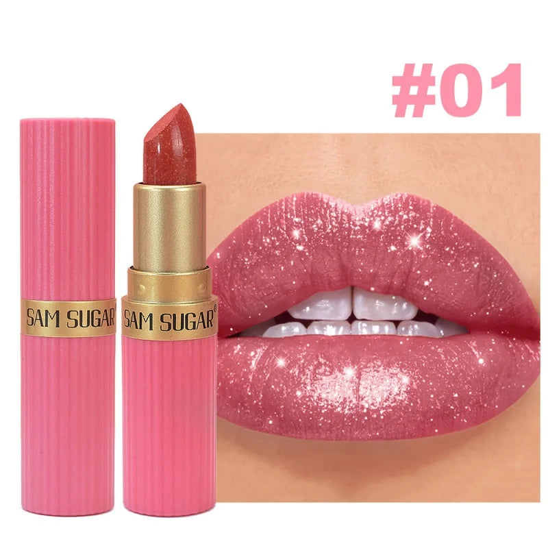 Diamond Pearlescent Lipstick Glitter Shiny Metallic Lipstick Lip Tint Long Lasting Nude Shimmer Shiny Lip Gloss Makeup