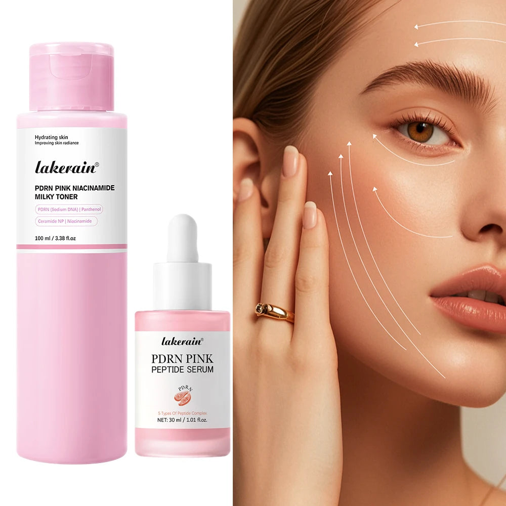 2Pcs Korean Glass Glow Skin Set, Salmon DNA PDRN Pink Peptide Serum With Niacinamide Milky Toner, Hydrating Soothing Firming Kit