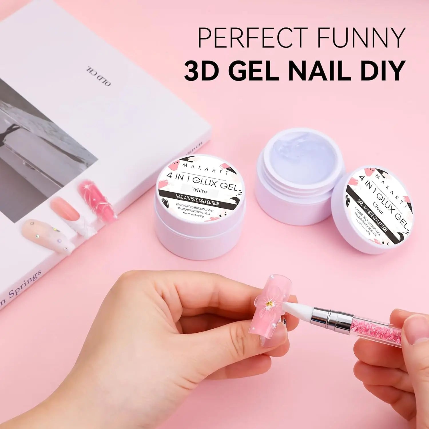 Makartt Solid Gel Builder: 4-in-1 Clear White Non-sticky for Extension 3D Sculpting Nail, UV Glue for Acrylic Tips, Rhinestones