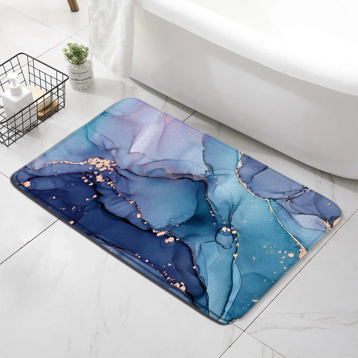 Abstract Turquoise Marble Bath Mat Set Modern Ink Art Textured Pattern Home Carpet Bathroom Decor Floor Rugs Toilet Lid Cover