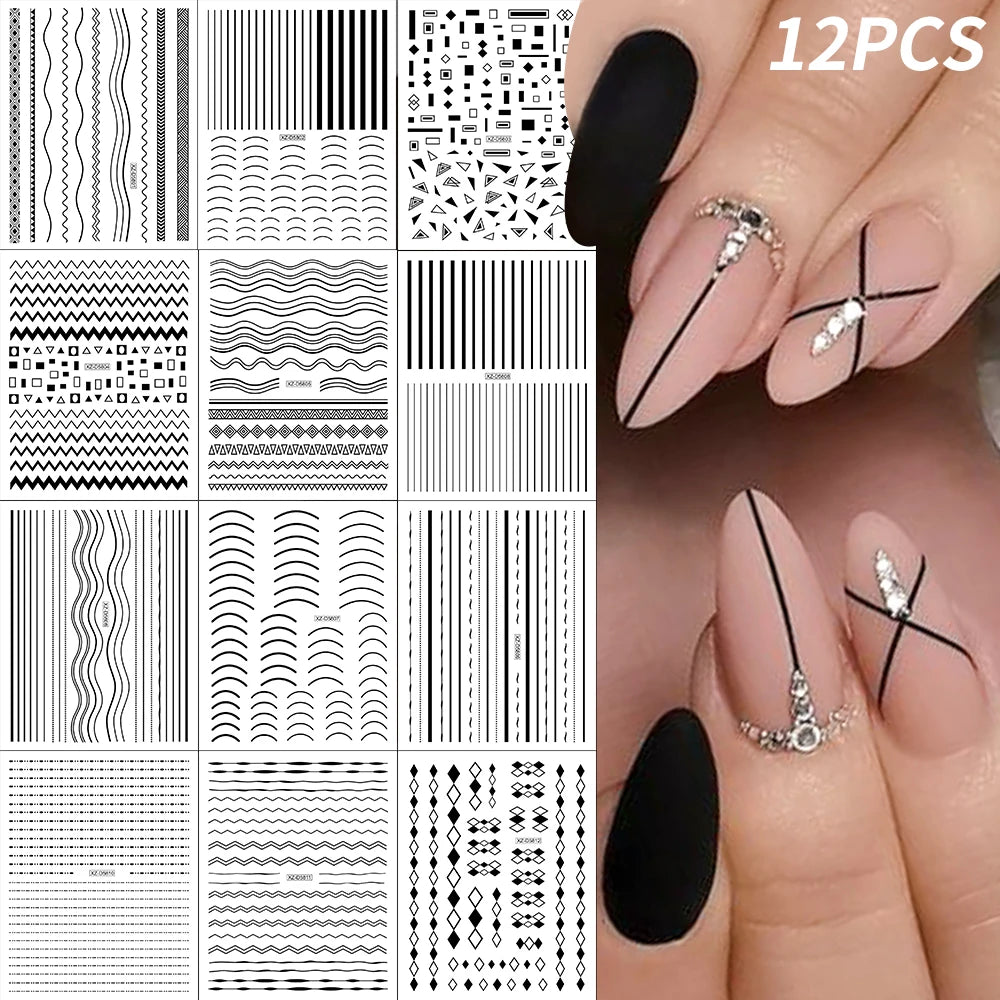 8/9/12/18Pcs New French Nail Stickers Guides DIY Nail Decors 3D Self-Adhesive White+Black Sliders Design Stencil DIY Manicure *&