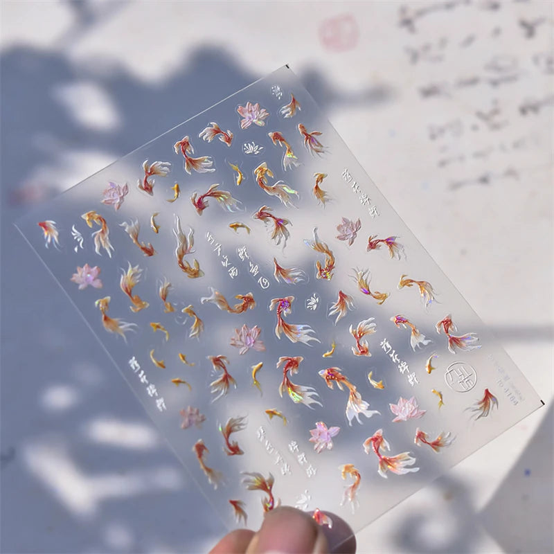 5D Rich Goldfish Nail Stickers Lotus Carp Ribbons Nail Art Appliqués Handmade Creative Nail Art Decorations