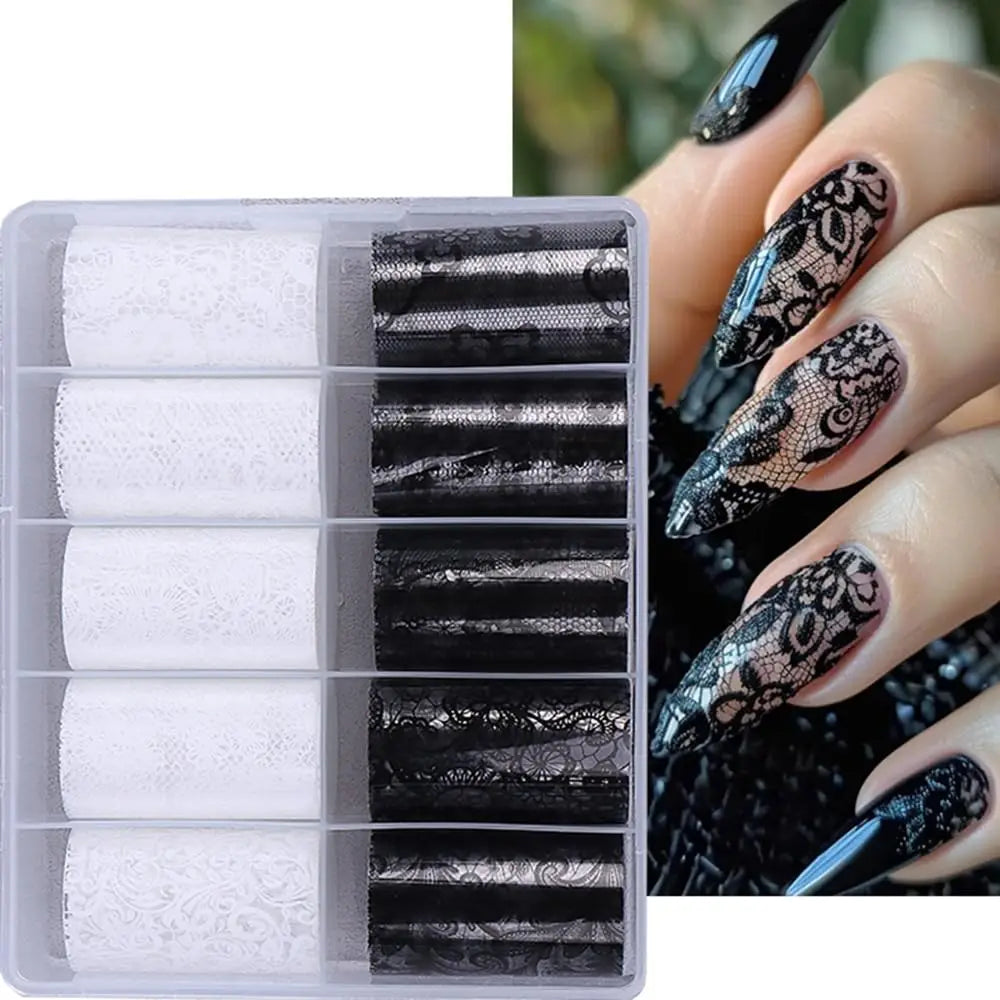 10 Rolls Black/White Lace Foil Transfer Nail Stickers Starry Sky Lace Flowers Nail Foils Stickers Lace  Nails Decoration 4*50CM