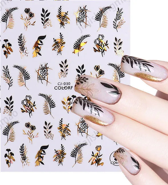 Shiny Gold Star Moon Sun Nail Stickers for Manicure Accessories Heart Feather Animals Printing Self Adhesive Nail Wrap