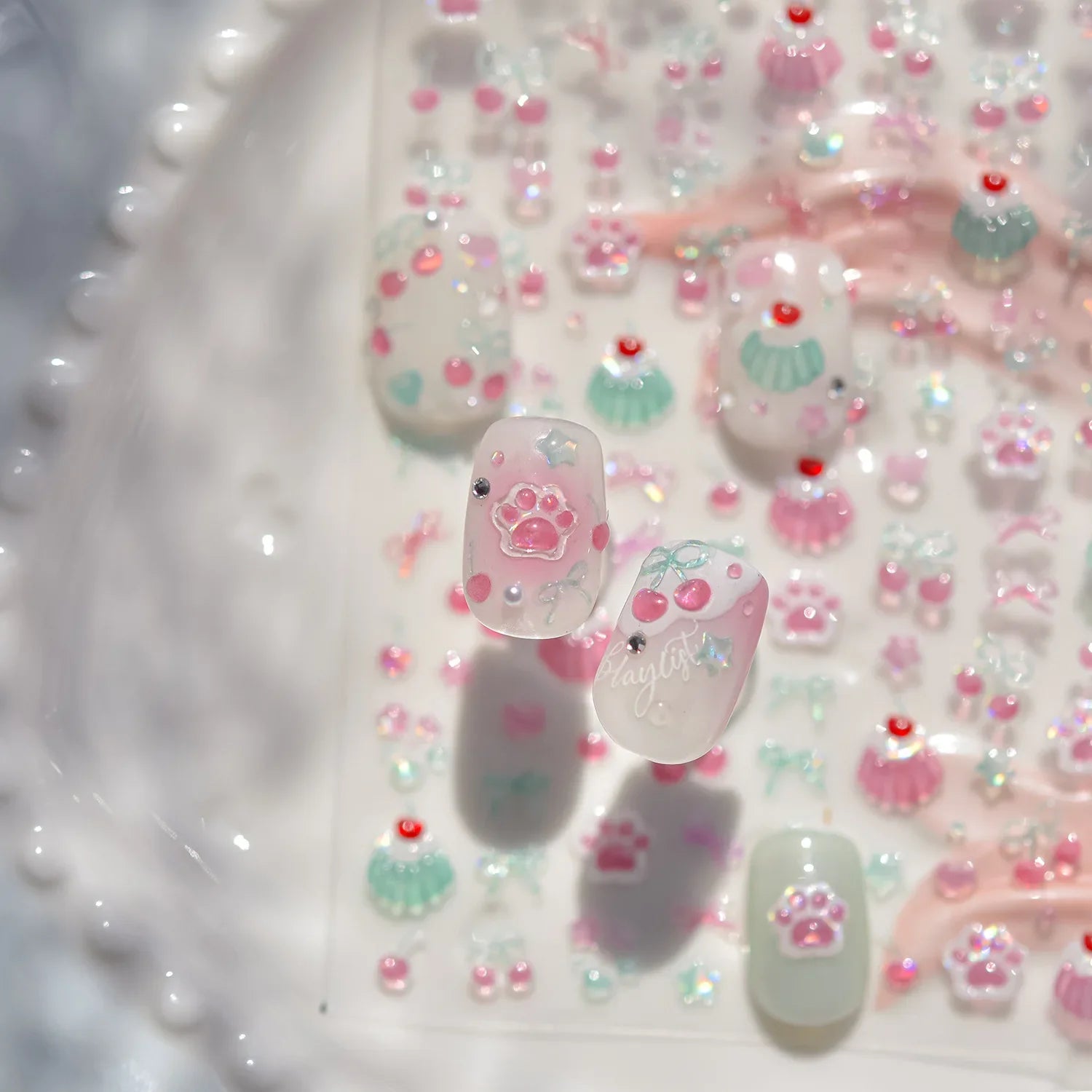 1Pcs Shiny 5D Jelly Cat Claw Cherry Bow Nail Decals Self Adhesive DIY Salon Manicure Decor Supply