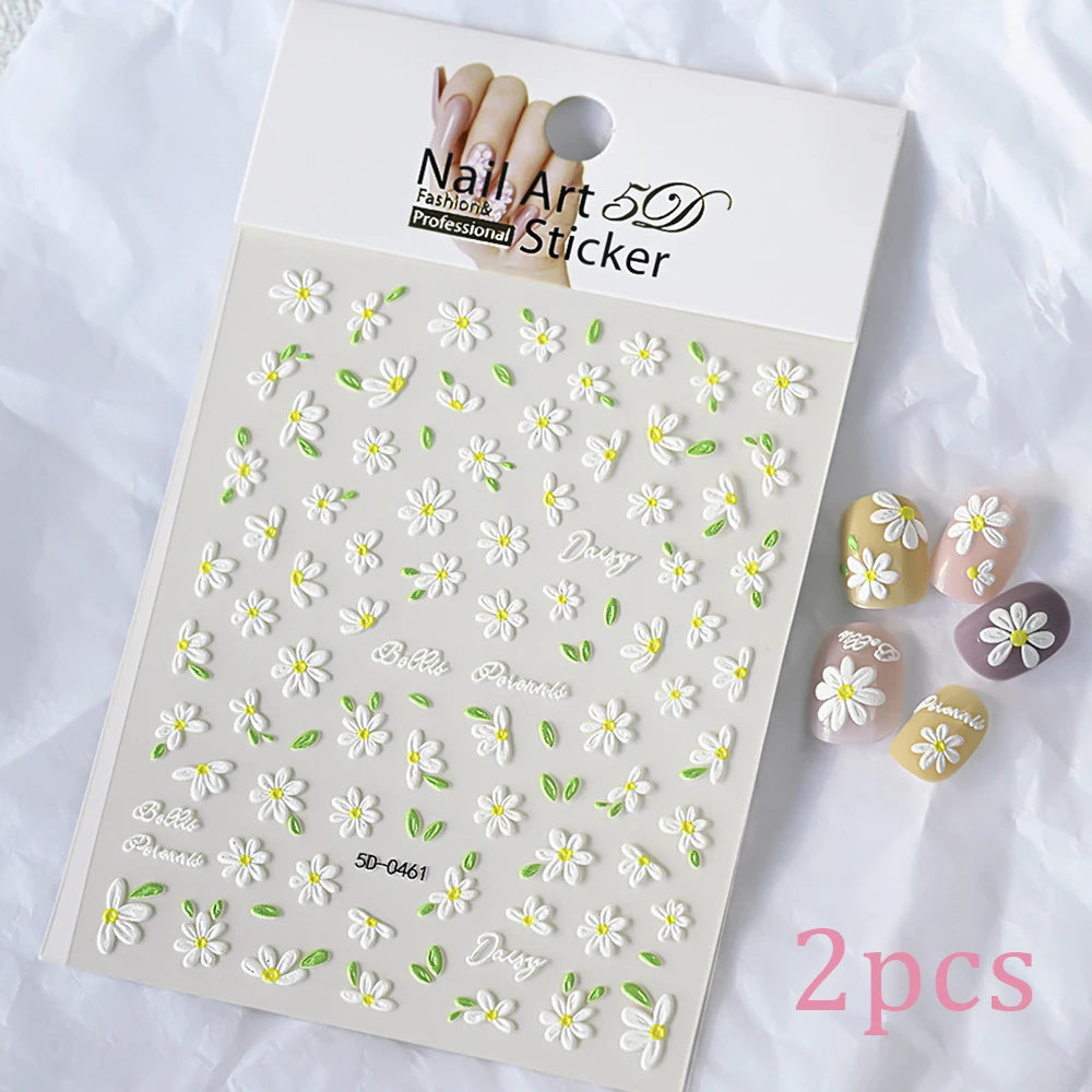 2pcs 5D White Daisy Design Nail Art Stickers Embossed Daisy Floret Green Leaf Nail Art Decals DIY Spring Summer Decor Stickers