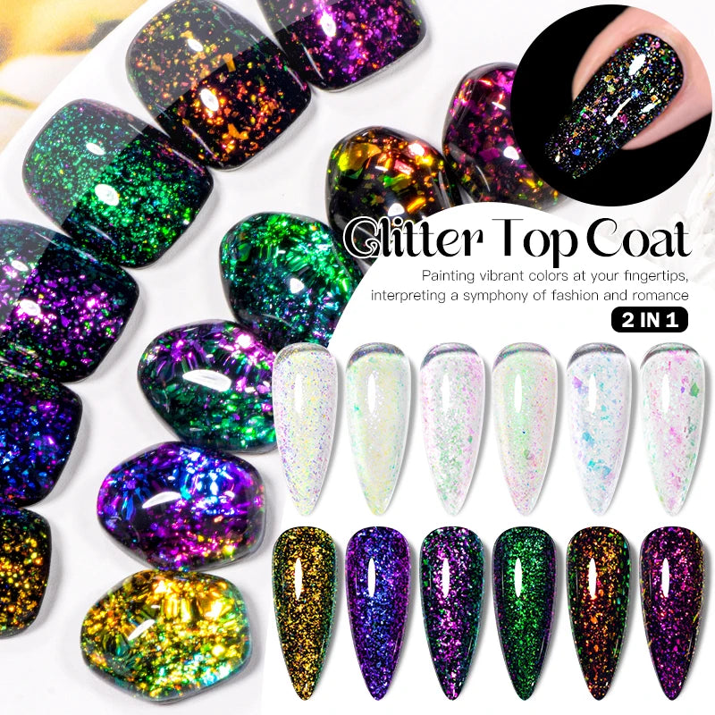 MEET ACROSS 7ml Dark Color Glitter Top Coat Gel For Nails Brocade Powder 2 In 1 Chameleon Nail Art Gel Varnish Manicure
