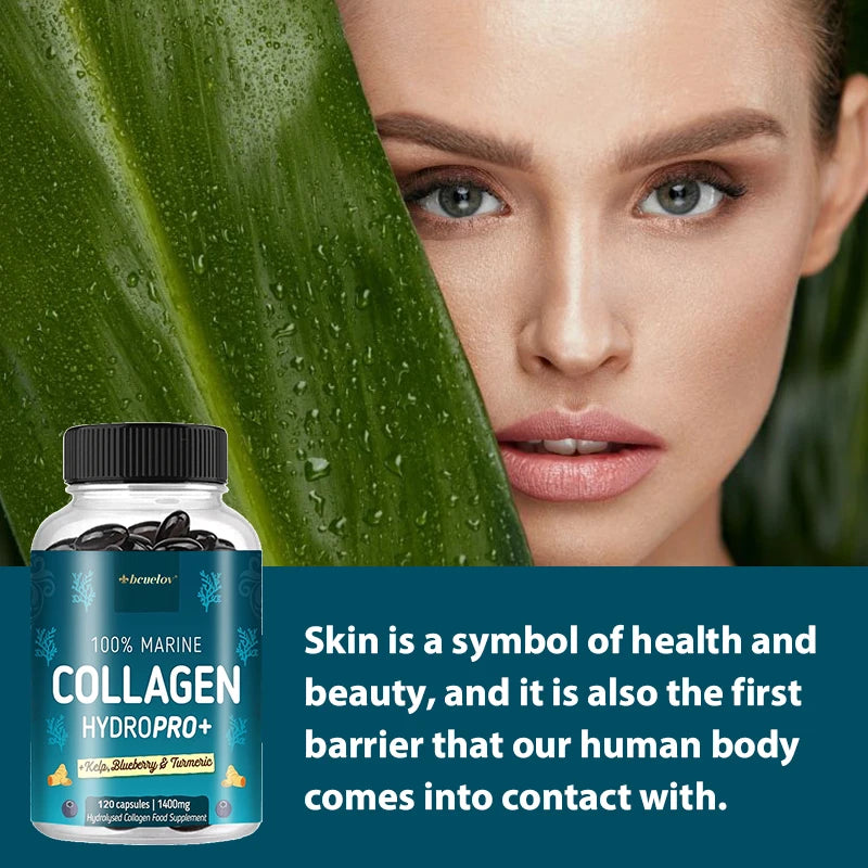 Potent Marine Collagen - with Kelp, Blueberry & Turmeric - 1400mg Hydrolyzed Collagen Supplement for Healthy Hair, Skin & Nails