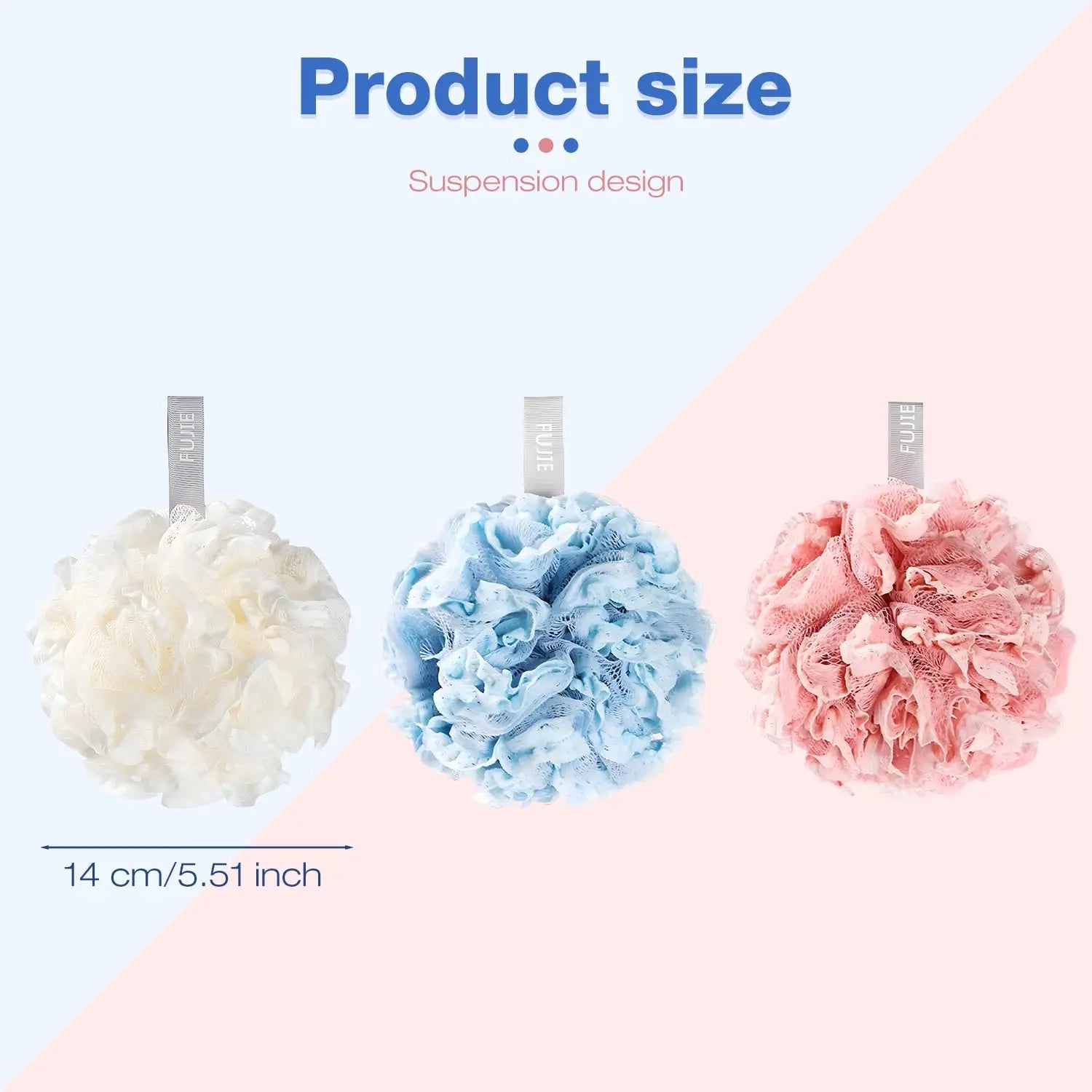 Shower Sponge Eco-Friendly Soft Mesh – Rich Lather Bath Scrunchie with Hanging Loop Lace Trim for Women Men (White/Blue/Pink)