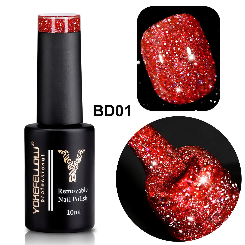 2024 New YOKEFELLOW 10ML Reflective Glitter Gel Nail Polish Soak Off UV Gel Varnish Colorful Nail Gel Polish For Manicure
