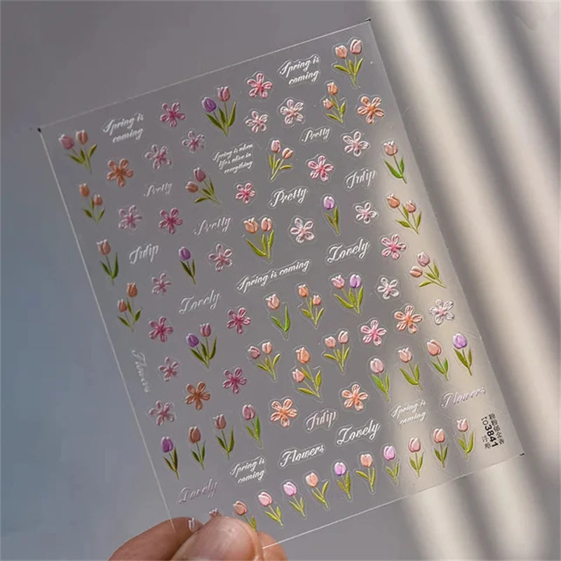 1Pcs Lovely Cat Green Potted Plant Flowers Nail Stickers 5D Reliefs Self Adhesive Nail Art Stickers Manicure Decorations Decals