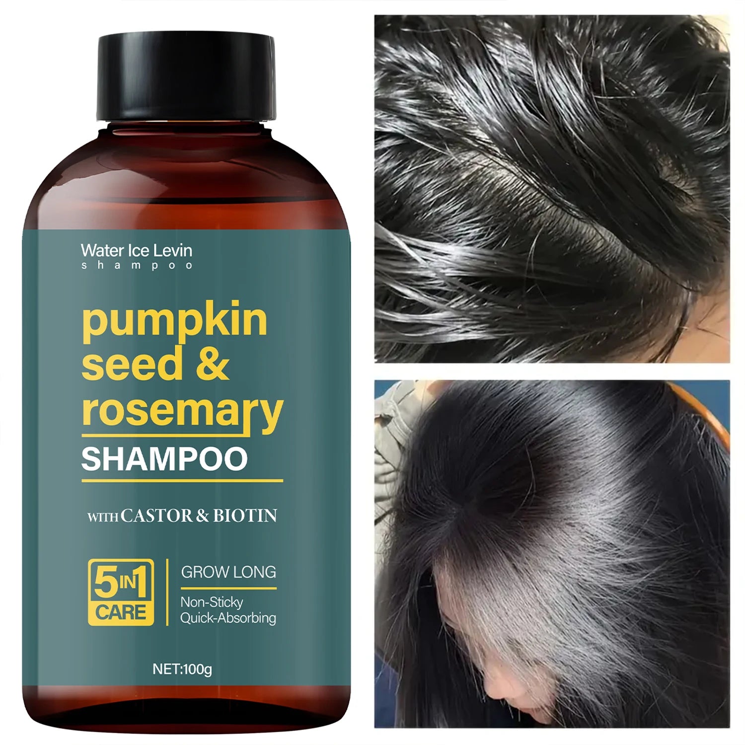 Water Ice Levin Pumpkin Seed & Rosemary Shampoo with Castor Oil & Biotin for Hair Growth, 5M Care, Non-Sticky Formula