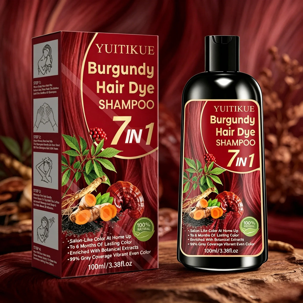 Burgundy Hair Dye Shampoo 7 In 1 Natural Plant Extract Cover Gray Hair Long Lasting Vibrant At Home Hair Color Care Shampoo