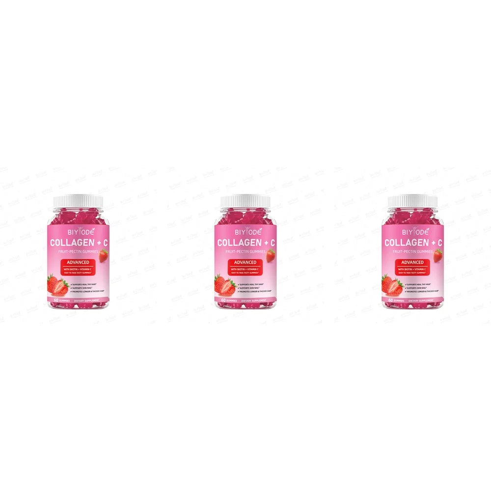 BIYODE Collagen + Vitamin C Gummies with Biotin, Strawberry Fruit Pectin Beauty Supplement for Hair Skin Nails Support, 60 Count