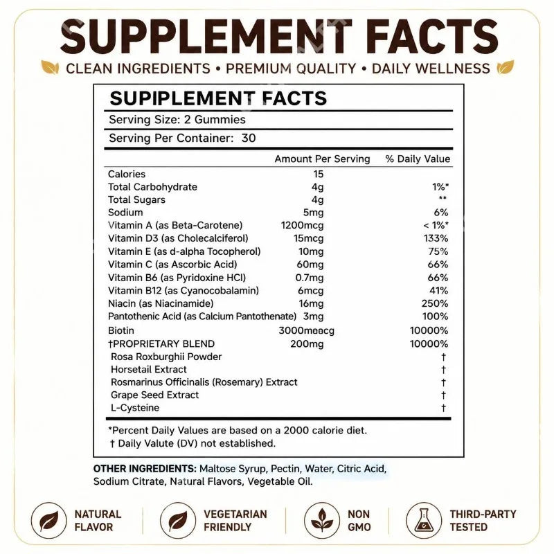Biotin Gummies Daily Beauty Supplement Hair Skin Nails Support Multivitamin with Vitamins C D E B Complex 60 Count