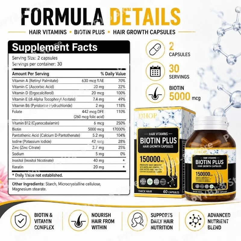 Hair Growth Capsules 60 Count Dietary Supplement Contain Biotin,inositol & Multiple Vitamins Promote Thicker and Healthier Hair