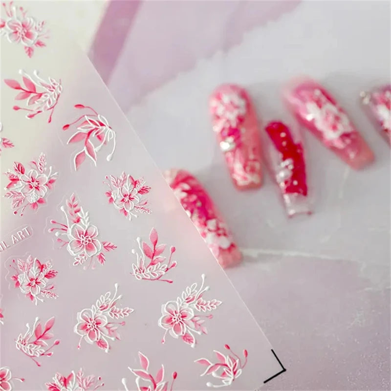 1Pcs Lovely Cat Green Potted Plant Flowers Nail Stickers 5D Reliefs Self Adhesive Nail Art Stickers Manicure Decorations Decals