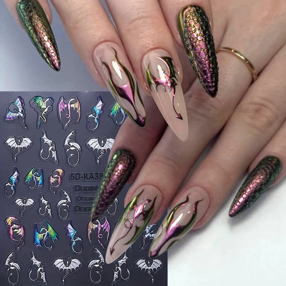 Metallic Silver ChameleonDragon Nail Art Stickers Evil Bat Flying Dragon Designs Y2K Halloween Embossed Nail Decals Decoration