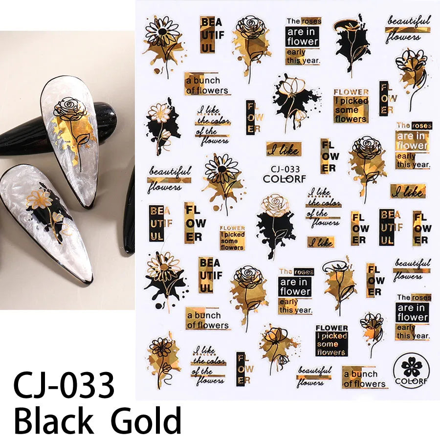 Shiny Gold Star Moon Sun Nail Stickers for Manicure Accessories Heart Feather Animals Printing Self Adhesive Nail Wrap