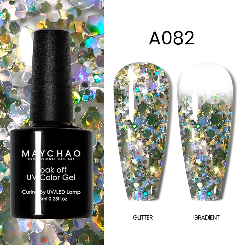 MAYCHAO Glitter Gel Nail Polish 7.3ml Semi-permanent Sequins Shiny Gel Base Top Coat Soak Off UV LED Varnish Nail Art Decoration