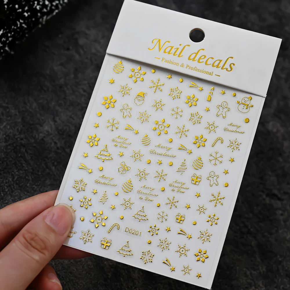 1pc 5D Gold Snow Christmas Tree Wreath Nail Art Stickers Bow Crystal Ball Pendant Winter Nail Decals New Year Xmas Nail Decorati