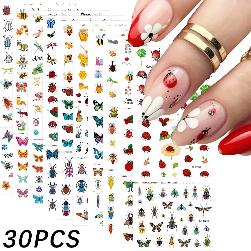 30PCS Spring Butterfly Floral Nail Art Stickers 3D Cute Sunflower Rose Cherry Blossom Adhesive Nail Decals Summer  Nail Sliders