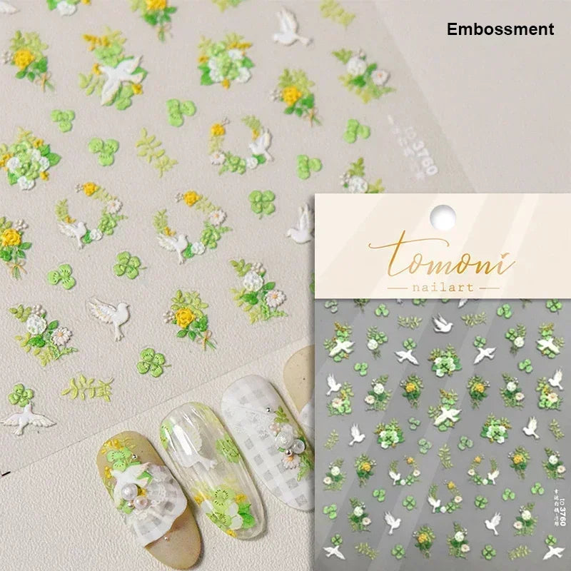 1 pc 5D sunflower nail stickers rose daisy cherry blossom self-adhesive nail art stickers oil painting style decorative sticker
