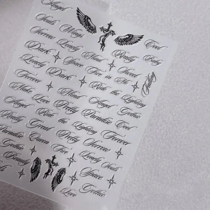 Angel Wings Letter Nail Stickers Black White 3D Alphabet Mixed Patterns DIY Nail Art Decoration for Nails