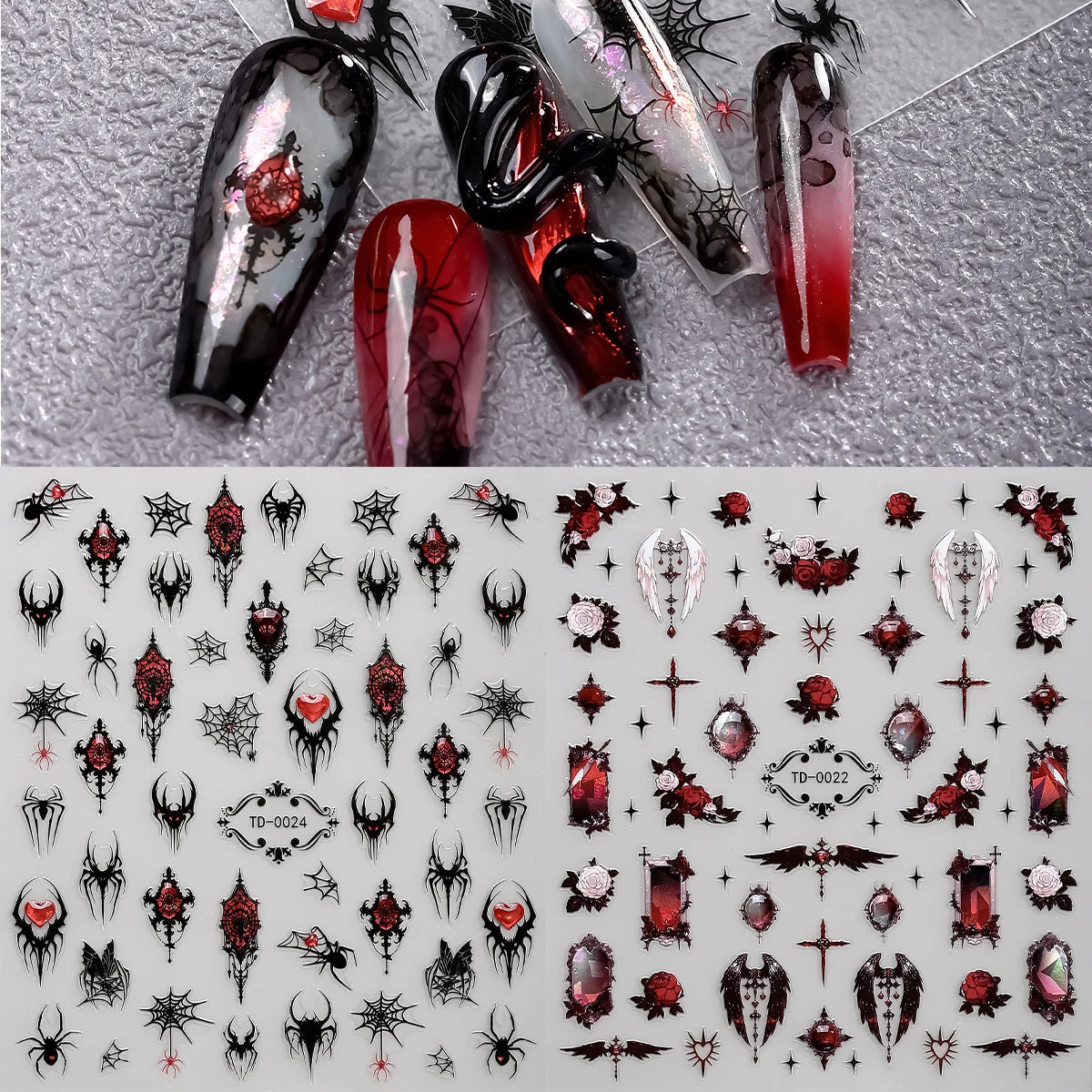 2pcs 5D Red and black Gothic Nail Art Stickers Rose Spider Wing Y2K Nail Decals for DIY Nail Decoration Manicure Sliders