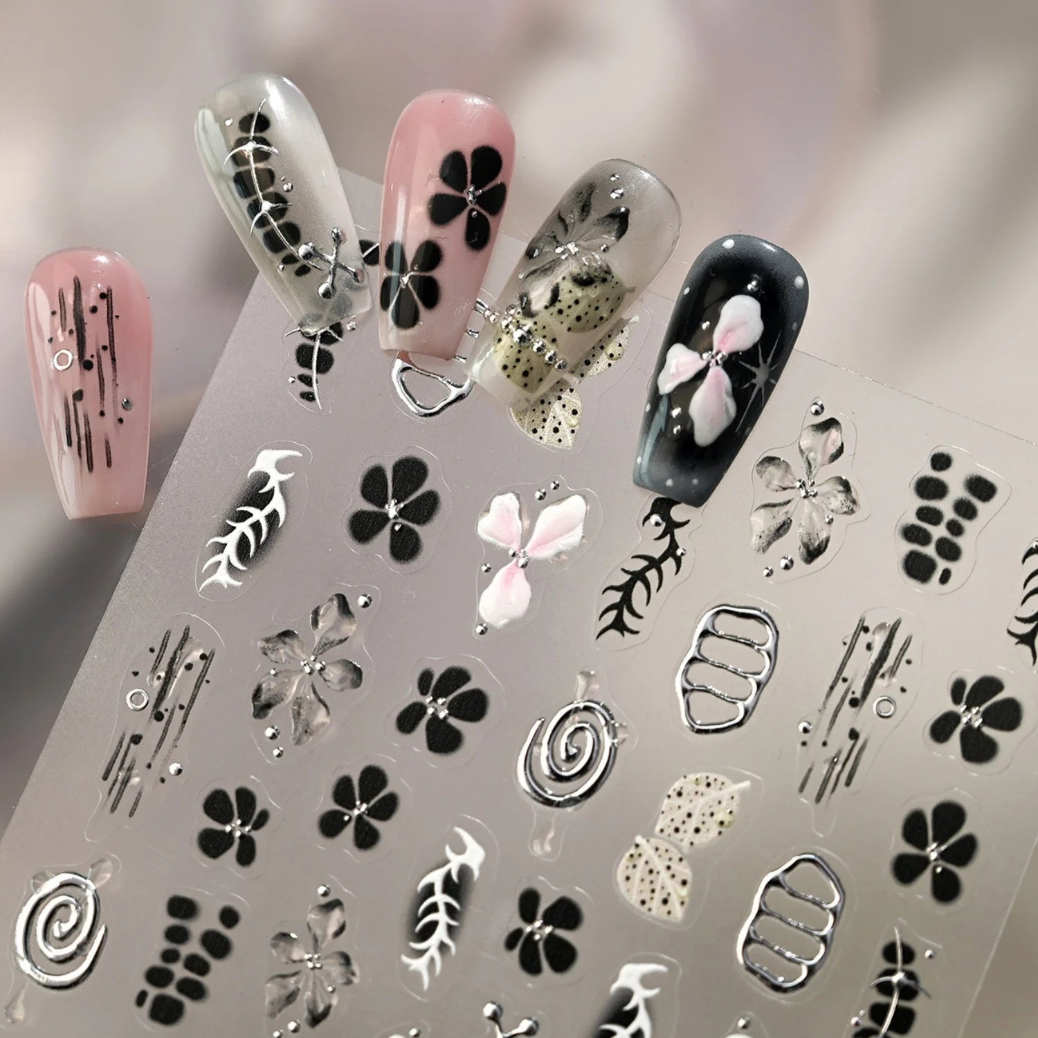 5D Black Silver Dream Thorn Clover Thorn Leaf Silver Spiral Pink Diamond Flower Silver Star Nail Art Stickers Embossed Decals