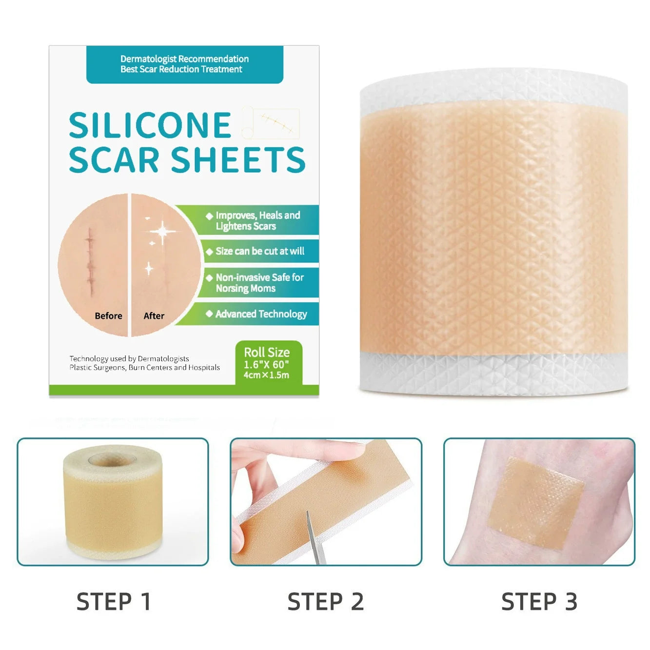 1 Roll = 4cm x 1.5m Silicone Scar Sheets , Self-Adhesive Scar Cover Tape , Reusable Skin Care Strips