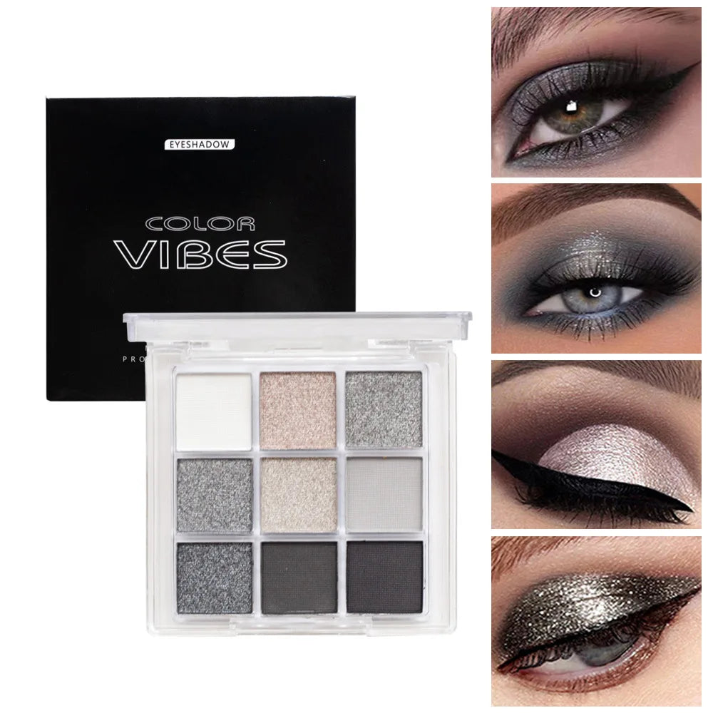 9 Colors Punk Smokey Matte Glitter Eyeshadow Palette Shimmer Eye Shadow Makeup Palette Cool Toned Gray Black Eye Pigment Palett