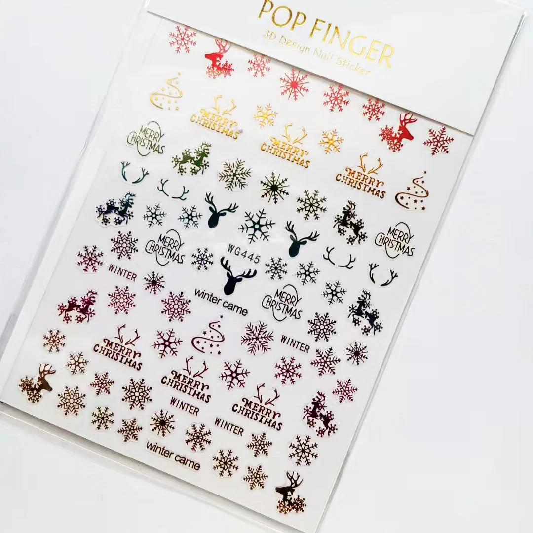 Sliver Bronzing 3D Christmas Nail Art Decoration Sticker Sparkly White Colorful Glitter Geometry Snowflake Winter Slider Foil