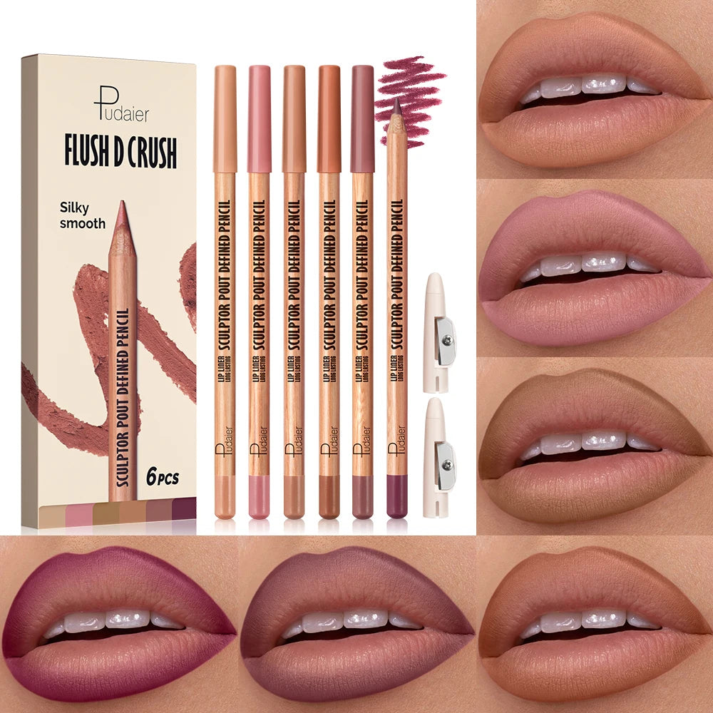 6pcs Berry Purple Lip Liner Pencil Set Velvet Matte Wooden Lipliner Lipstick Pencil Long-Lasting Pink Brown Lip Contour Pencil