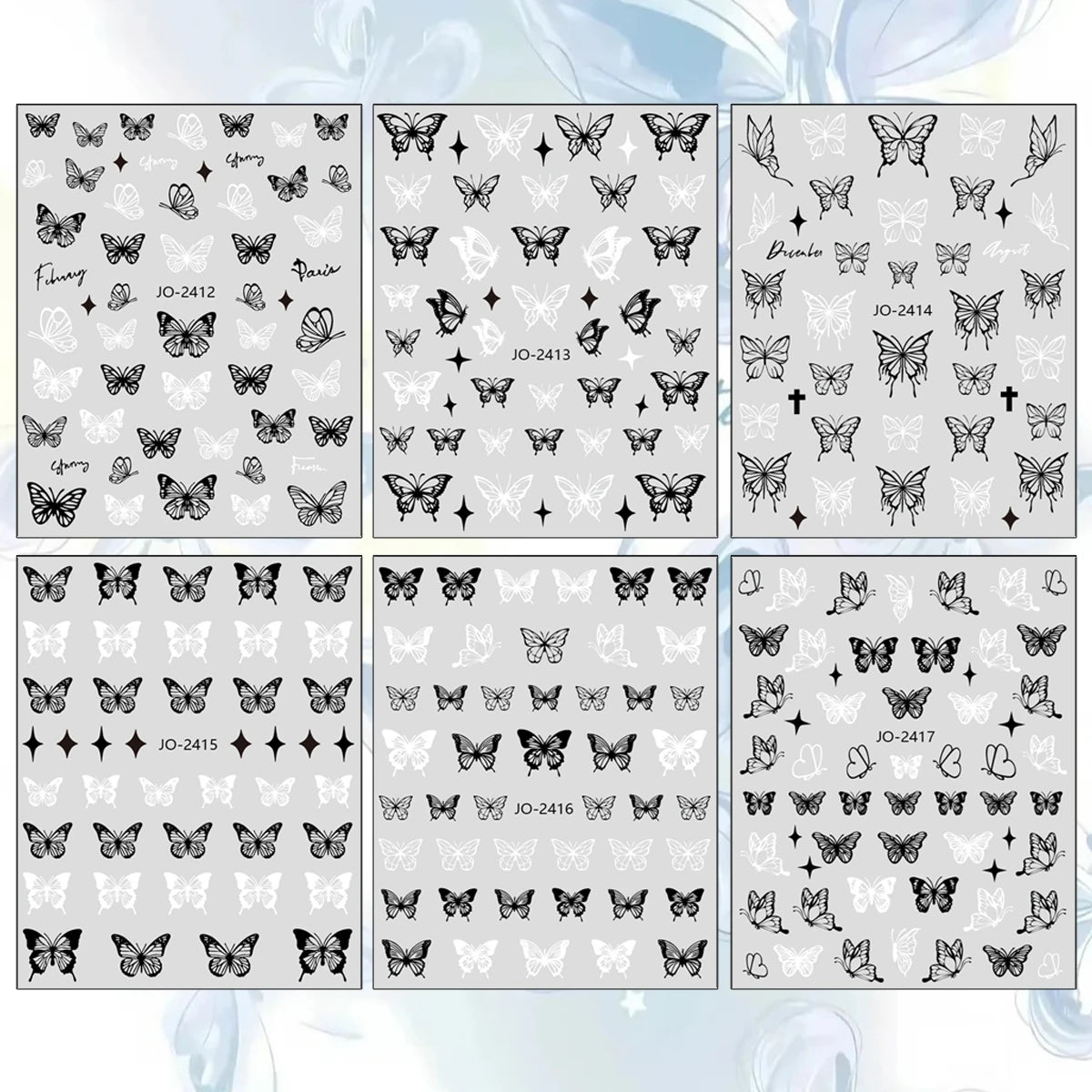 3/6/12 Sheets 3D Black White Butterfly Nail Stickers Self Adhesive Gothic French DIY Manicure Nail Decals