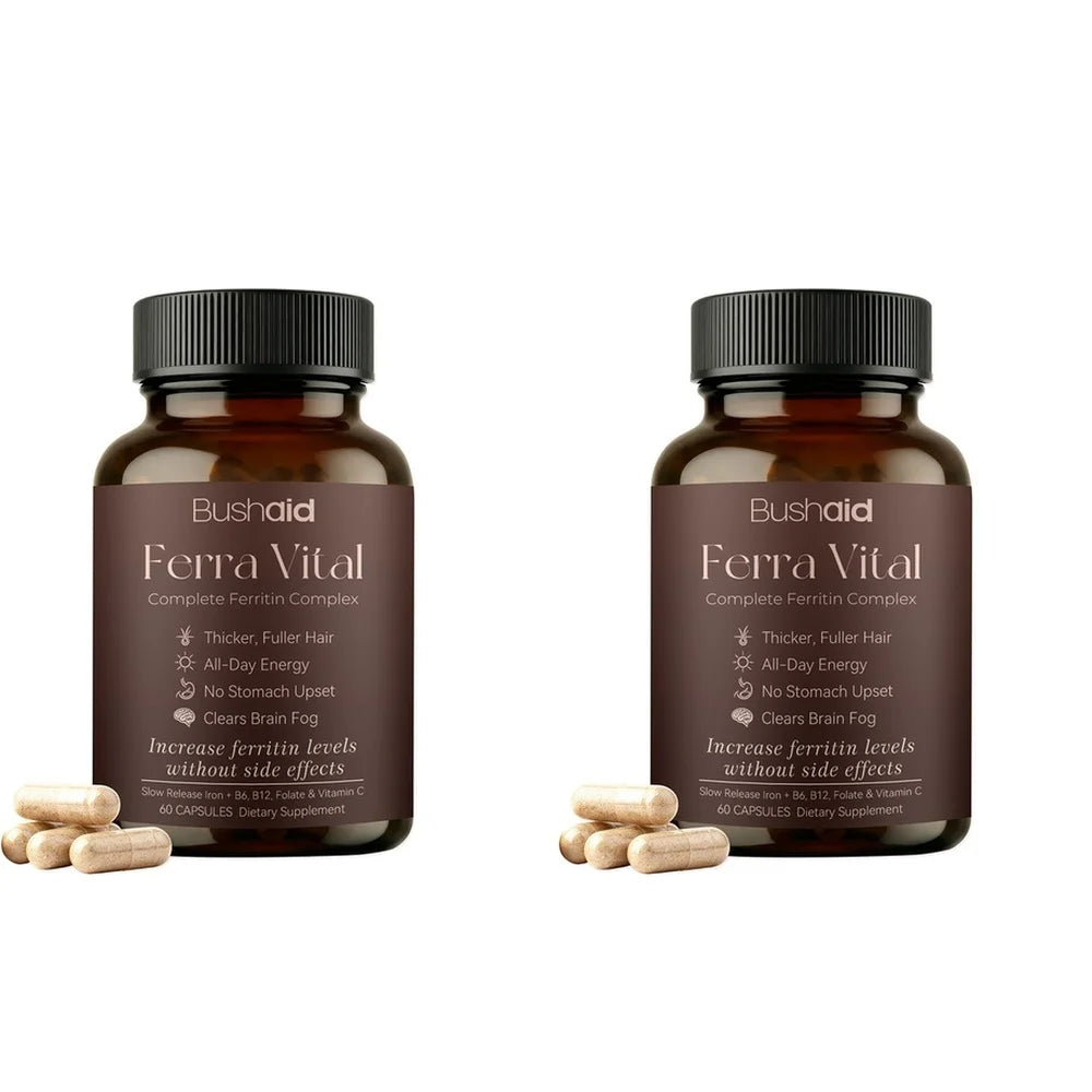 BushAid Ferra Vital Ferritin Complex with Iron Zinc Vitamins B6 B12 Supports Hair Shine Energy Focus Scalp Wellness 60 Capsules