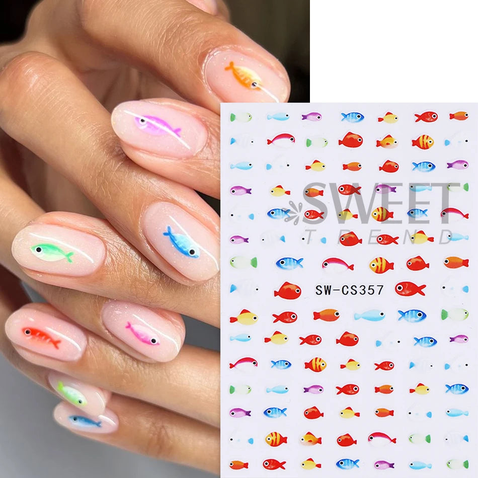 2pcs Mini Fish Nail Stickers Summer Ocean Fish Starfish Lobster Lemon Fruit Self-Adhesive Nail Decals DIY Manicure Decoration