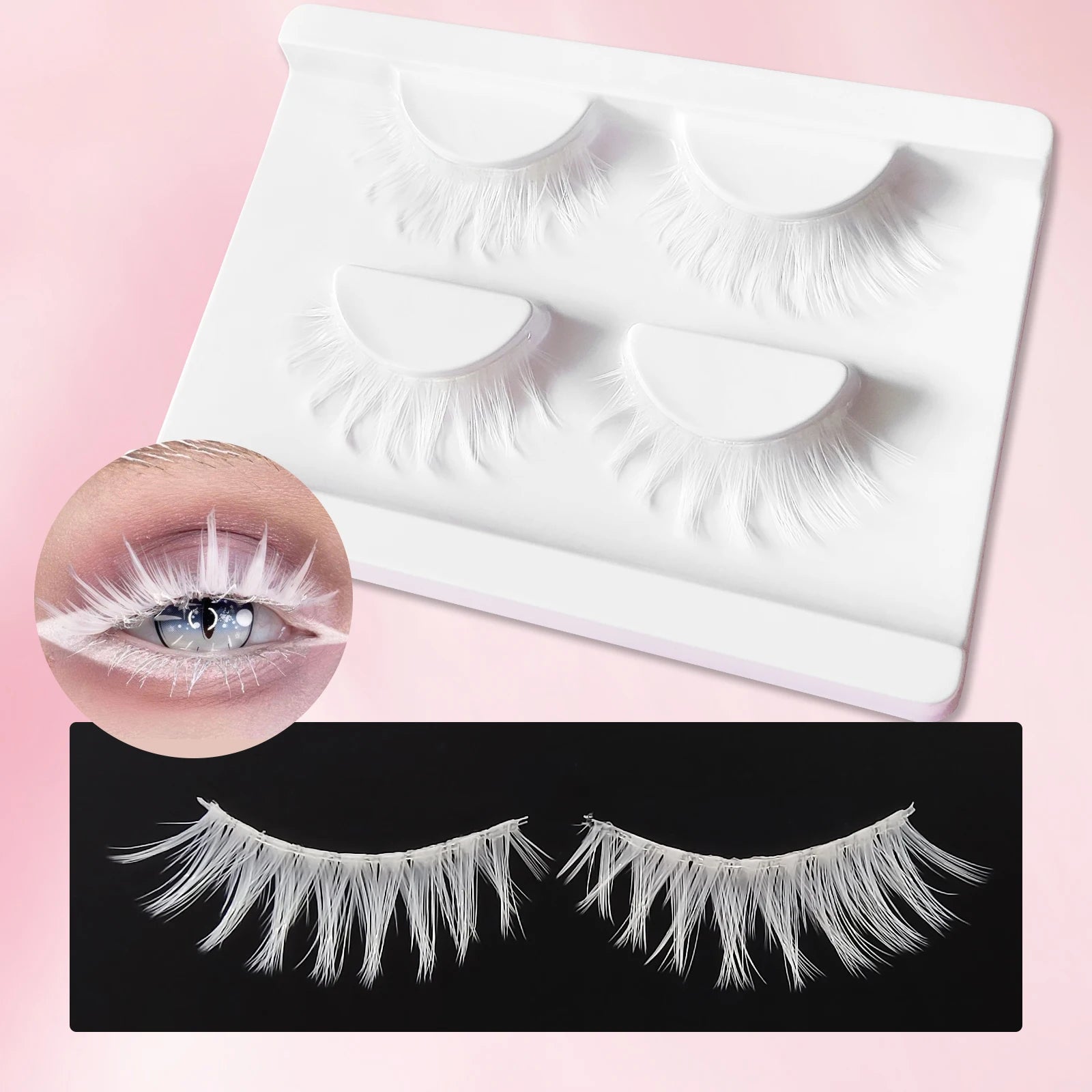 2 Pairs White Eyelashes Frozen Beauty Makeup Wedding Eyelash White Colored False Lashes for Cosplay Party Clear Bond Eyelashes