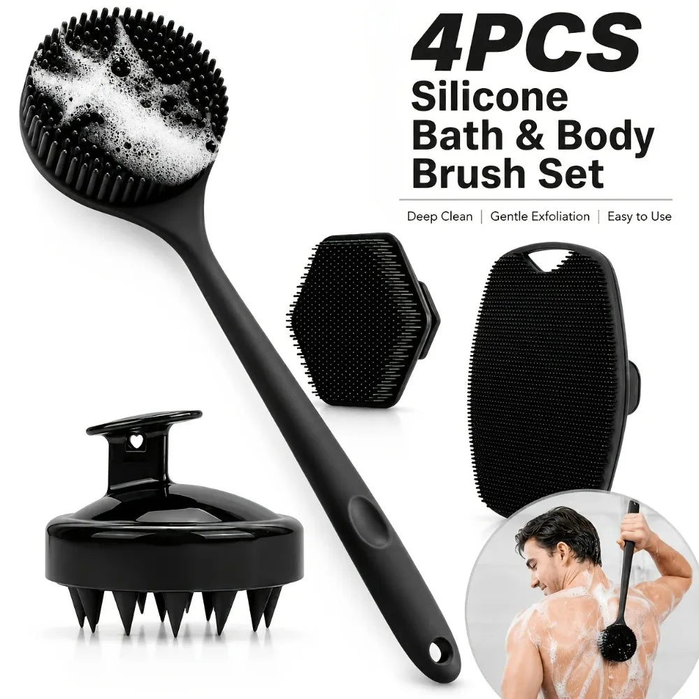 2/3/4Pcs Silicone Shower Brush Set Long Handled Back Washer Scalp Massage Comb Gentle Exfoliation Body Scrubber Deep Skin Clean