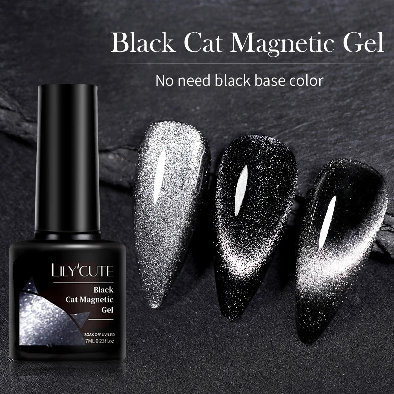 LILYCUTE 7ml 9D Black Crystal Cat Magnetic Gel Nail Polish Laser Silver Glitter Semi Permanent Manicure For Nail Art Gel Varnish