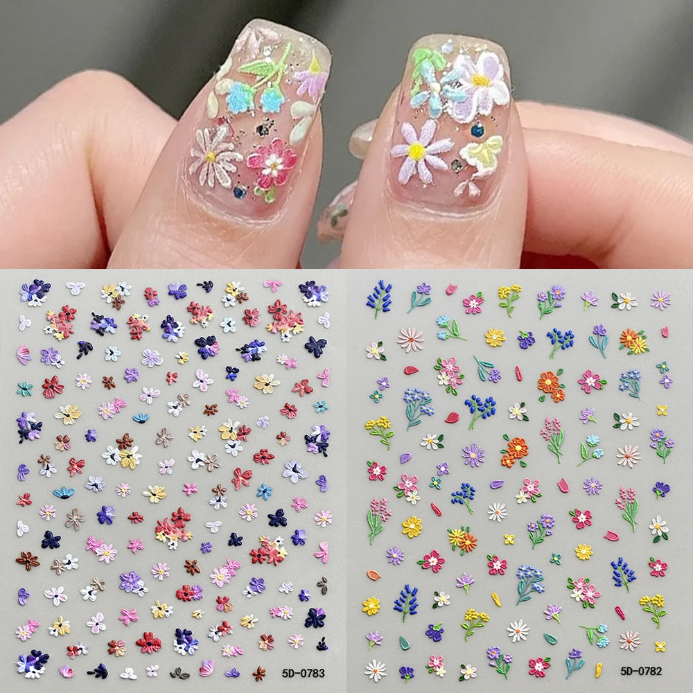 2pcs 5D White Daisy Design Nail Art Stickers Embossed Daisy Floret Green Leaf Nail Art Decals DIY Spring Summer Decor Stickers