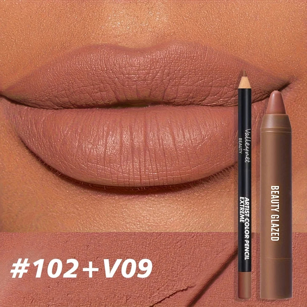 2pcs Matte Lip Liner & Gloss Set - Long-Lasting Waterproof, Non-Stick Formula with Precision Tip, Matte Lip Pencil & Gloss Combo